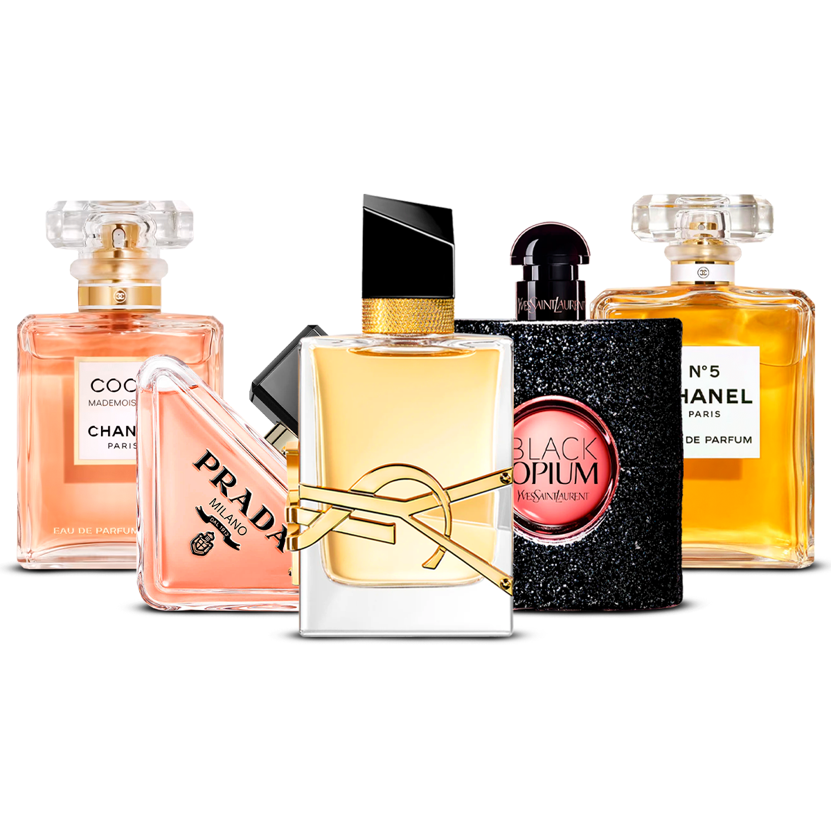 Sada 5 Parfémů – Coco Mademoiselle, Prada Paradoxe, Libre, Black Opium i Chanel N°5 [100 ml každý]