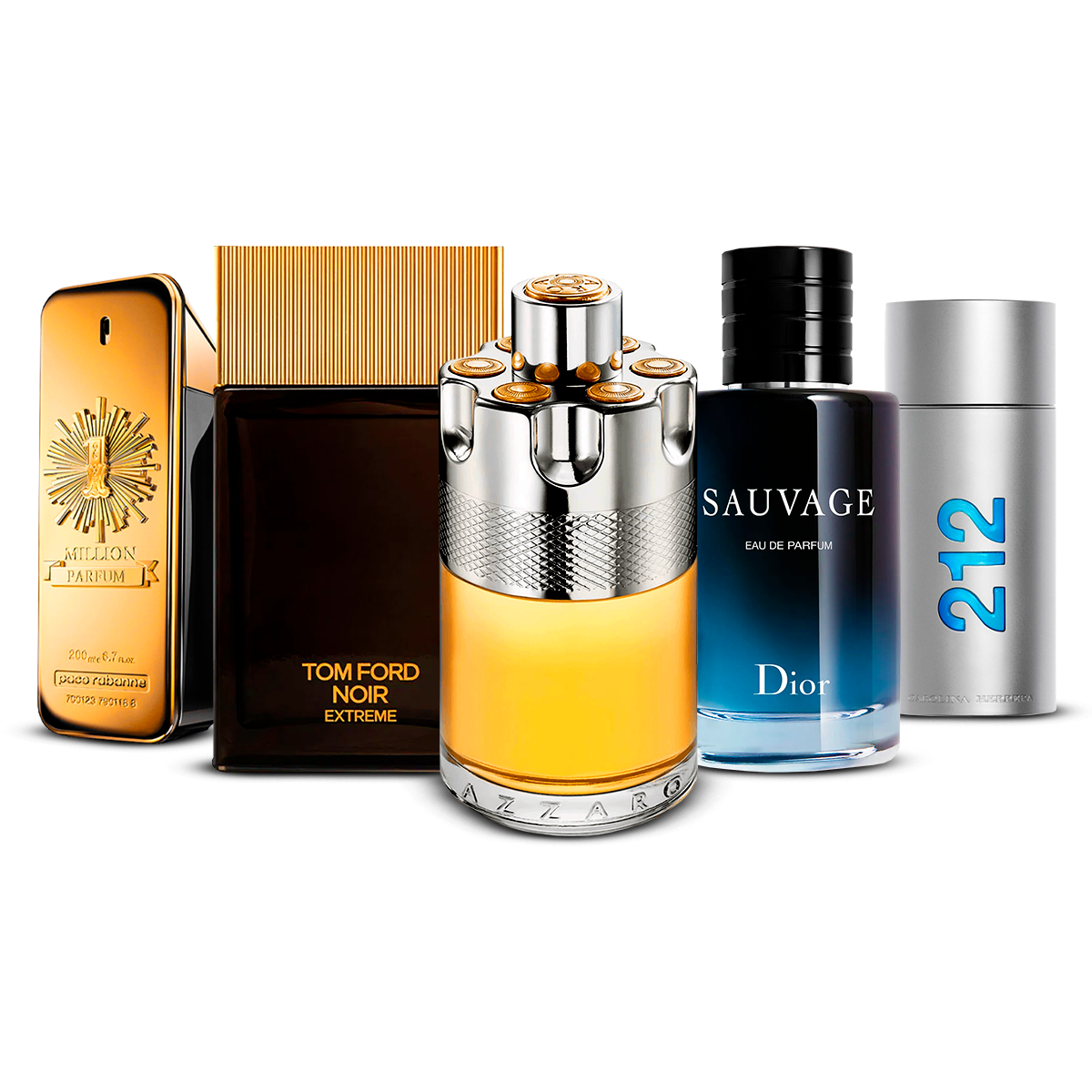 Sada 5 Parfémů – 1 Million, Tom Ford Noir Extrême, Azzaro Wanted, Sauvage i 212 Men [100 ml každý]