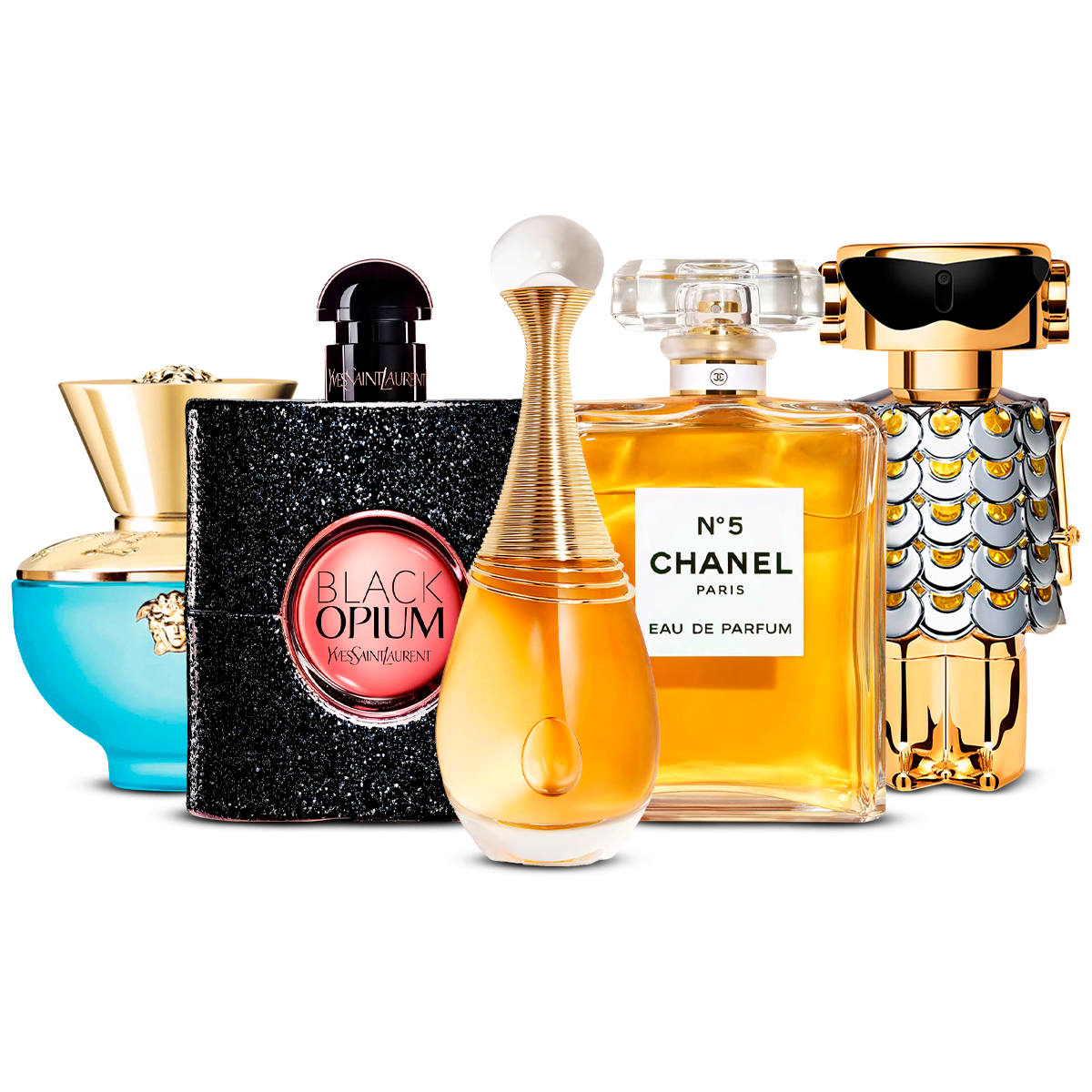 Sada 5 Parfémů – Versace Dylan Turquoise, Black Opium, J'adore, Chanel Nº5 i Fame [100 ml každý]